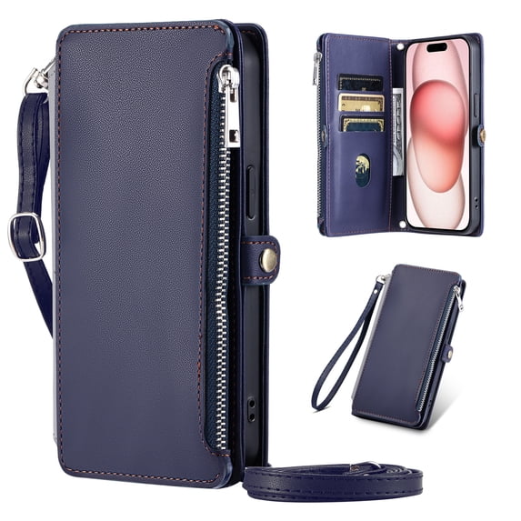 Dteck for iPhone 14 Plus Wallet Case, Crossbody Zipper Purse with Wrist for Women Men, 8-Card Slots Holder PU Leather Kickstand Flip Cover Phone Case,Blue