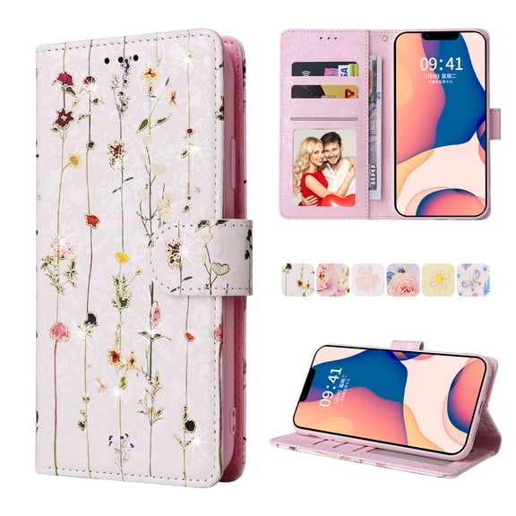 Dteck for iPhone 14 Plus Wallet Case Luxury Flower Floral Butterfly Pattern,Card Slots Kickstand Handstrap Flip Folding Shockproof Scratch Resistant Durable Case for iPhone 14 Plus,B
