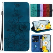 Dteck for iPhone 14 Plus Wallet Case,Premium PU Leather Embossed Pattern Folio Flip Case with Card Holders Wrist Strap Kickstand,Folio Purse Cover for iPhone 14 Plus,Blue Lily