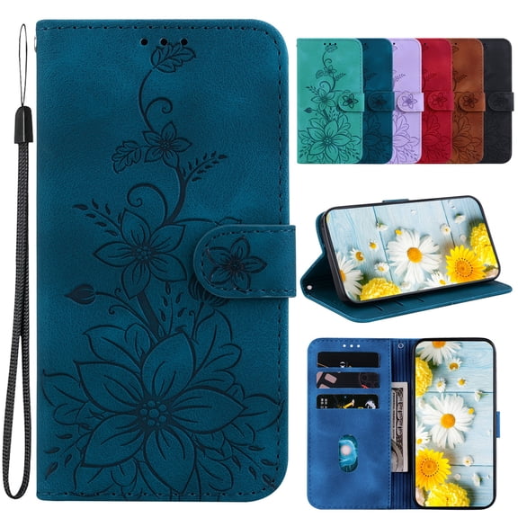 Dteck for iPhone 14 Plus Wallet Case,Premium PU Leather Embossed Pattern Folio Flip Case with Card Holders Wrist Strap Kickstand,Folio Purse Cover for iPhone 14 Plus,Blue Lily