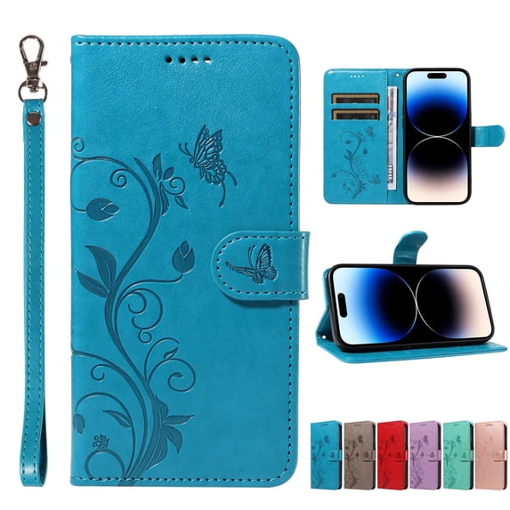 Dteck for iPhone 14 Plus Wallet Case,Women Flio Folio Cover with Butterfly Embossed PU Leather Kickstand Credit Card Holder Case with Wrist Strap for iPhone 14 Plus,Blue