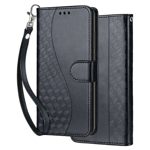Dteck for iPhone 14 Plus Wallet Case for Women Girls, Embossed Flip Kickstand Cover with Card Holder Shockproof Phone Case with Wrist Strap for iPhone 14 Plus,Black S-Cube