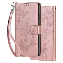 Dteck for iPhone 14 Plus Wallet Case for Women Girls, Embossed Flip Kickstand Cover with Card Holder Shockproof Phone Case with Wrist Strap for iPhone 14 Plus,Rosegold Butterfly