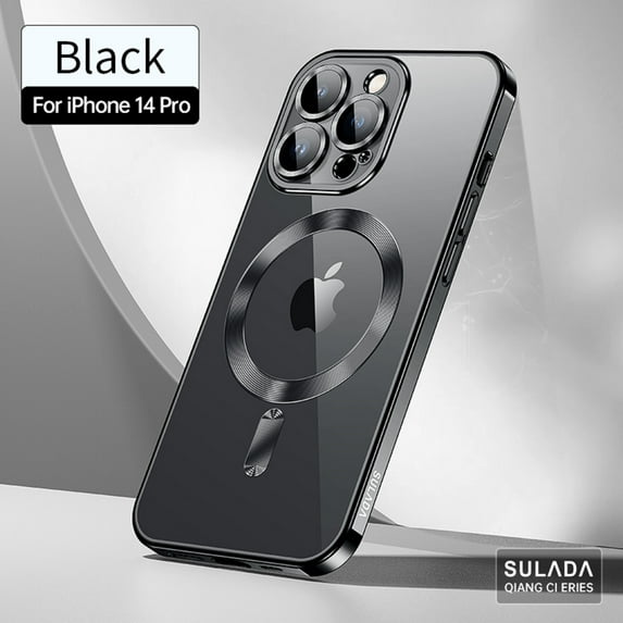 Dteck for iPhone 14 Pro 6.1 Inch Strong MagSafe Magnetic Clear Case, HD Glass Lens Film Protection Wireless Charging Airbag Protection Shockproof Anti-drop Not-Yellowing Slim Case,Black