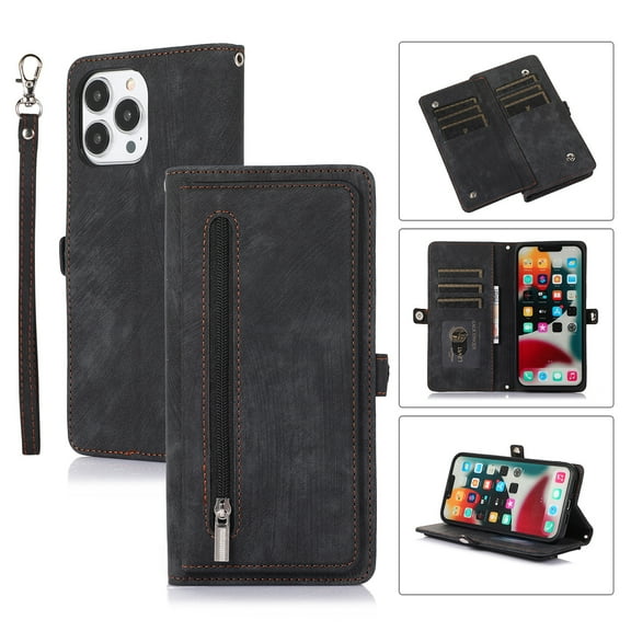 Dteck for iPhone 14 Pro 6.1 inch Wallet Case,Luxury Shockproof PU Leather Zipper Card Pocket with Crossbody Strap Folding Purse Holder Cover+Hand Strap Lanyard.For iPhone 14 Pro,Black