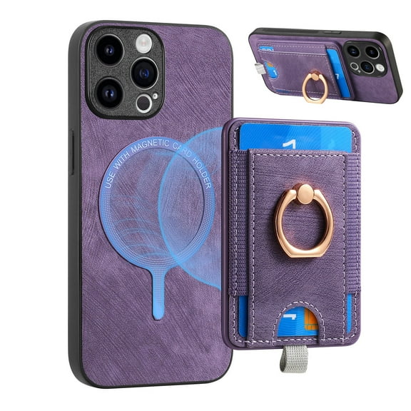 Dteck for iPhone 14 Pro Case, 2 in 1 Magnetic Wallet with Phone Grip, Compatible with MagSafe, Detachable Premium PU Leather Magnetic Case with Card Slots Ring Holder,Purple
