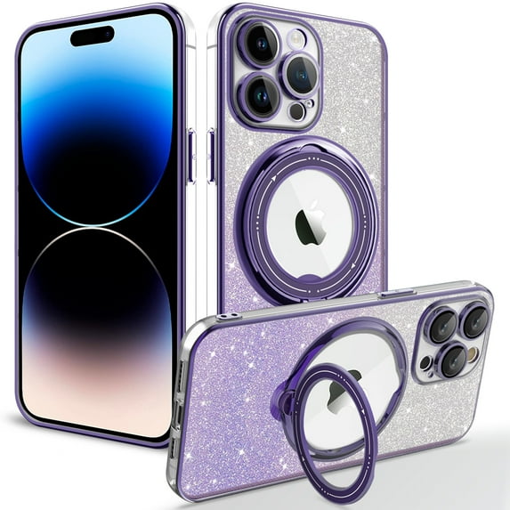 Dteck for iPhone 14 Pro Case with 360° Ring Stand, Compatible with MagSafe, Bling Panel Non-Yellowing Shockproof Magnetic Case Glitter for Women Girls,Glitter Purple