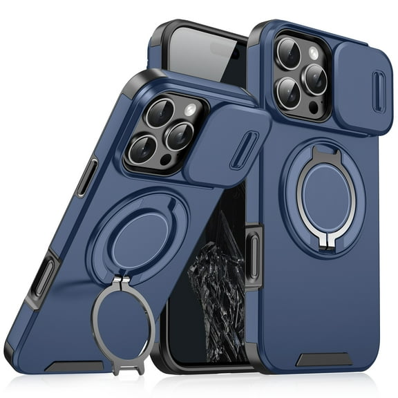 Dteck for iPhone 14 Pro Case with Camera Protector Sliding Lens Cover Built-in Rotate Ring Stand Magnetic Shockproof Phone Cover Case for Apple iPhone 14 Pro,Blue