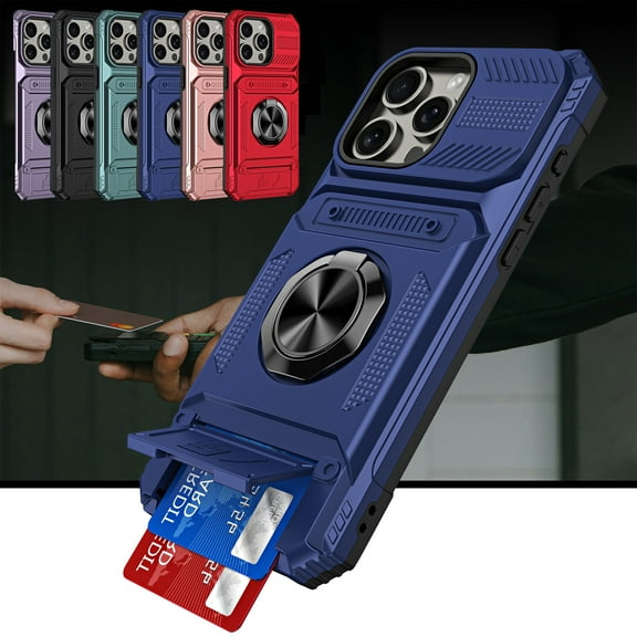 Dteck for iPhone 14 Pro Case with Card Holder (2 Cards) & Kickstand Ring Holder, Military Grade Drop Protection Rugged Hard Phone Case for iPhone 14 Pro, Working with Magnetic Car Mount,Blue