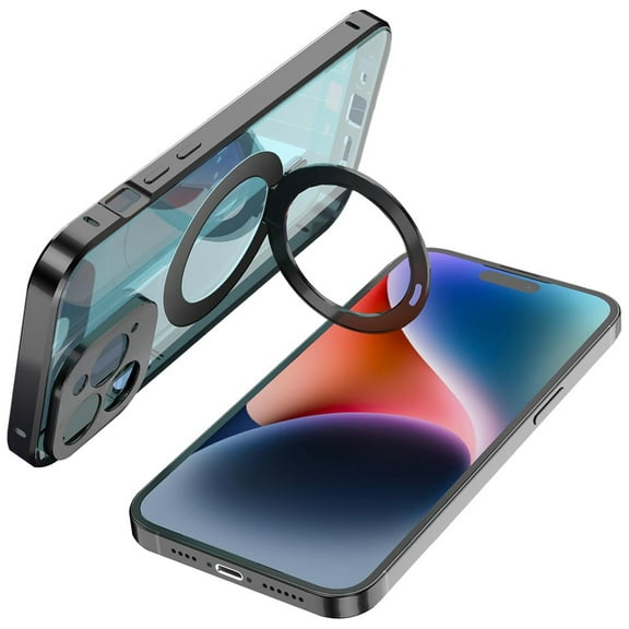 Dteck for iPhone 14 Pro Case Compatible with MagSafe, Safetly Lock + Magnetic adsorption Aluminum Bumper Tempered Glass Screen Protector Full Body Shockproof Case with Magnetic Ring Stand,Black