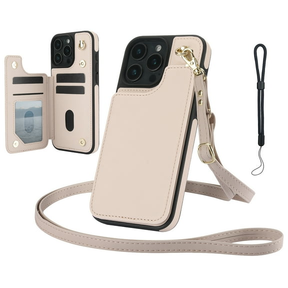 Dteck for iPhone 14 Pro Case Crossbody Wallet with Card Holder, Credit Card Slots Kickstand Shockproof Phone Cover with Wrist/Shoulder Strap for Women Men,Apricot