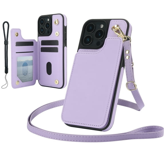 Dteck for iPhone 14 Pro Case Crossbody Wallet with Card Holder, Credit Card Slots Kickstand Shockproof Phone Cover with Wrist/Shoulder Strap for Women Men,Purple