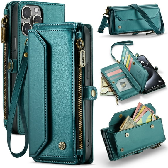 Dteck for iPhone 14 Pro Case with RFID Blocking Wallet Case for Women Men, Shockproof PU Leather Magnetic Flip Strap Zipper Card Holder Phone Case,Green