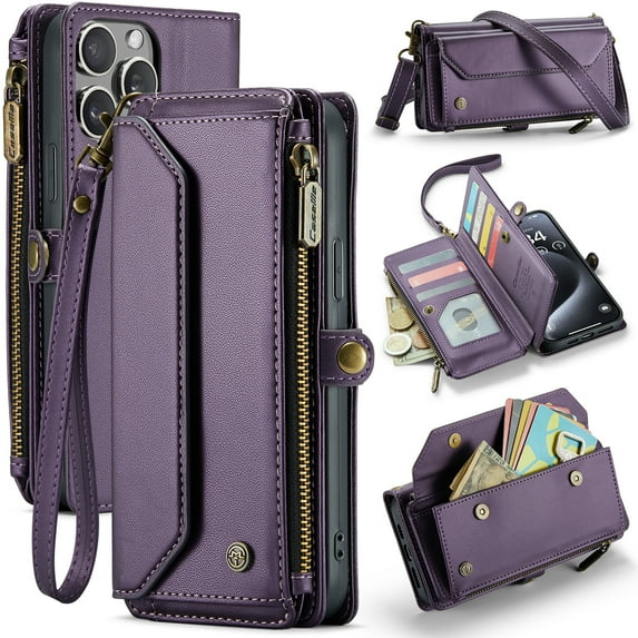 Dteck for iPhone 14 Pro Case with RFID Blocking Wallet Case for Women Men, Shockproof PU Leather Magnetic Flip Strap Zipper Card Holder Phone Case,Purple