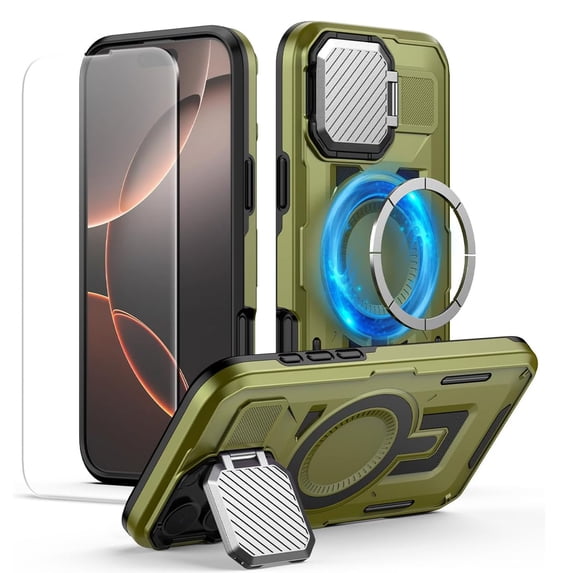 Dteck for iPhone 14 Pro Case with Screen Protector, Shockproof Magnetic Multi-Layer Military Lens Stand Heavy Duty Full Body Rugged Hard Shell, Olivegreen