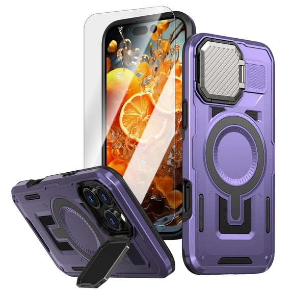 Dteck for iPhone 14 Pro Case with Screen Protector, Shockproof Magnetic Multi-Layer Military Lens Stand Heavy Duty Full Body Rugged Hard Shell, Purple