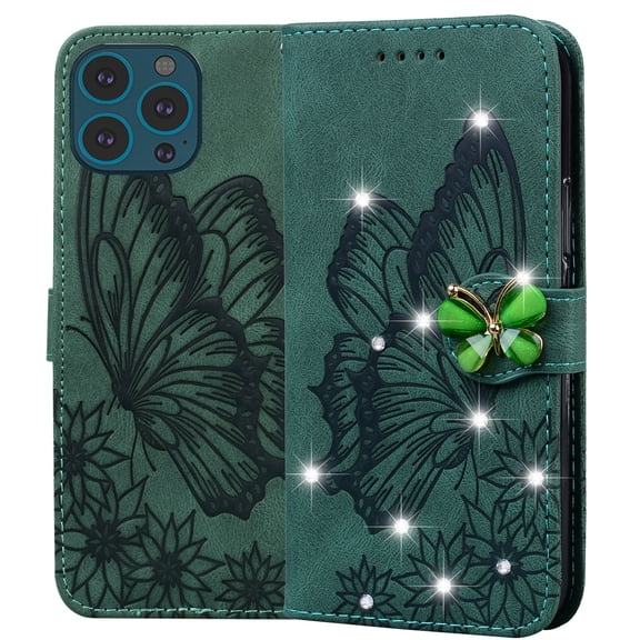 Dteck for iPhone 14 Pro Case Wallet with Credit Card Slots Sparkle Diamond Rhinestone Butterfly Cute for Girls PU Leather Magnetic Closure Folio Flip Phone Cover for iPhone 14 Pro,Green