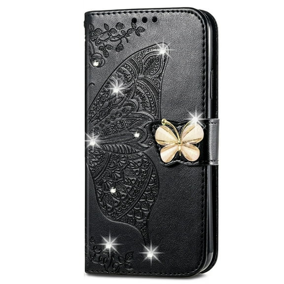 Dteck for iPhone 14 Pro Case Wallet for Women, Flip Folio Cover with Butterfly Embossed Diamond PU Leathe Stand Card Holder Protective Case with Wrist Strap,Black