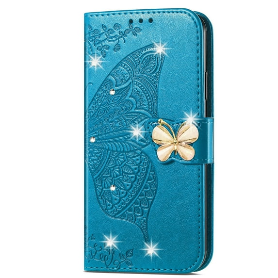 Dteck for iPhone 14 Pro Case Wallet for Women, Flip Folio Cover with Butterfly Embossed Diamond PU Leathe Stand Card Holder Protective Case with Wrist Strap,Blue