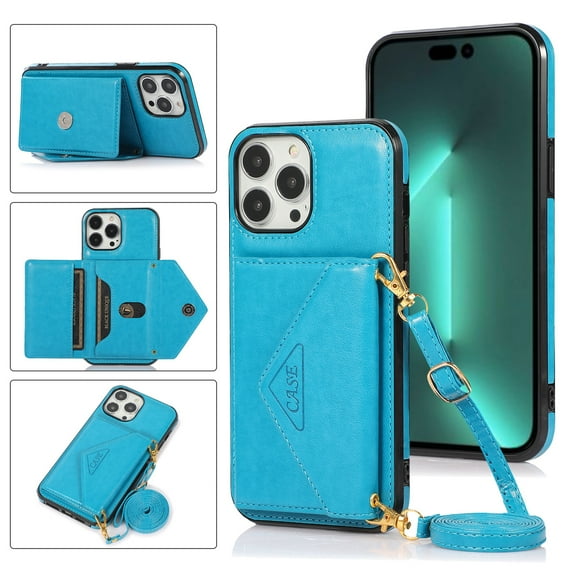 Dteck for iPhone 14 Pro Crossbody Wallet Case, PU Leather Phone Case with Card Holder Shoulder Strap Purse Cover for Women Men Compatible with iPhone 14 Pro,Blue