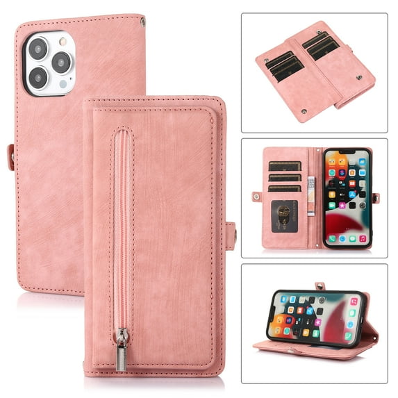 Dteck for iPhone 14 Pro Max 6.7" 2022 Flip Wallet Case, PU Leather Magnetic Clasp Case with Card Slot Kickstand & Wrist Strap Shockproof Protective Case for iPhone 14 Pro Max Women Men, Rosegold