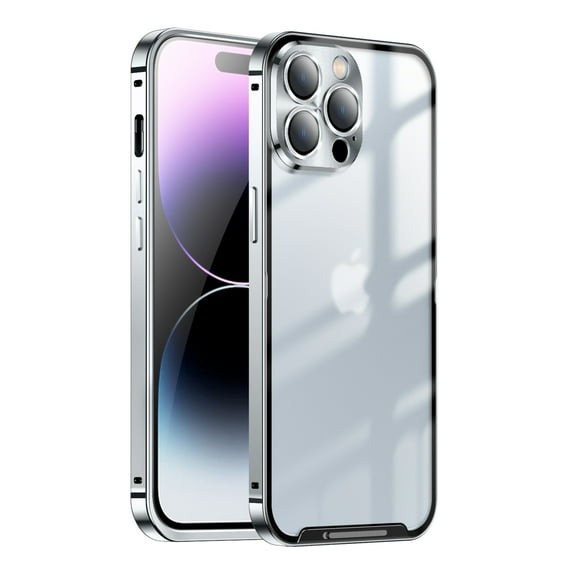 Dteck for iPhone 14 Pro Max 6.7 Inch Case with Buckle Safety Lock, Slim Metal Bumper Frame Matte Clear PC Back Glass Lens Film All-Inclusive Camera Lens Full Protection Case,Silver