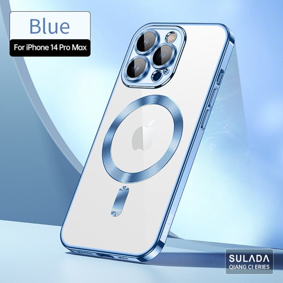 Dteck for iPhone 14 Pro Max 6.7 Inch Strong MagSafe Magnetic Clear Case, HD Glass Lens Film Protection Wireless Charging Airbag Protection Shockproof Anti-drop Not-Yellowing Slim Case,Blue