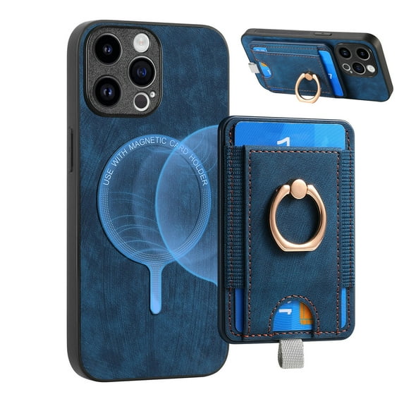 Dteck for iPhone 14 Pro Max Case, 2 in 1 Magnetic Wallet with Phone Grip, Compatible with MagSafe, Detachable Premium PU Leather Magnetic Case with Card Slots Ring Holder,Blue