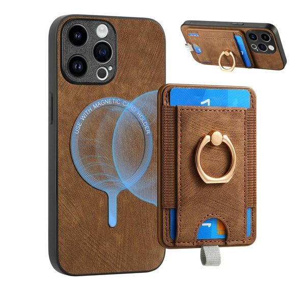 Dteck for iPhone 14 Pro Max Case, 2 in 1 Magnetic Wallet with Phone Grip, Compatible with MagSafe, Detachable Premium PU Leather Magnetic Case with Card Slots Ring Holder,Brown