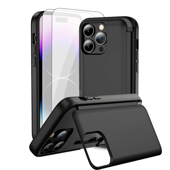 Dteck for iPhone 14 Pro Max Case with 2 Pack Screen Protector, Military Grade Shockproof Full Body Protection Phone Case with Card Holder Flip Kickstand for iPhone 14 Pro Max,Black