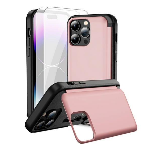 Dteck for iPhone 14 Pro Max Case with 2 Pack Screen Protector, Military Grade Shockproof Full Body Protection Phone Case with Card Holder Flip Kickstand for iPhone 14 Pro Max,Pink