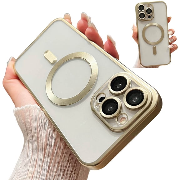 Dteck for iPhone 14 Pro Max Case with Camera Lens Protector,Compatible with MagSafe,Slim Fit Yellowing Resistant Anti-Scratch Back Clear Plating Magnetic Phone Case for iPhone 14 Pro Max,Gold