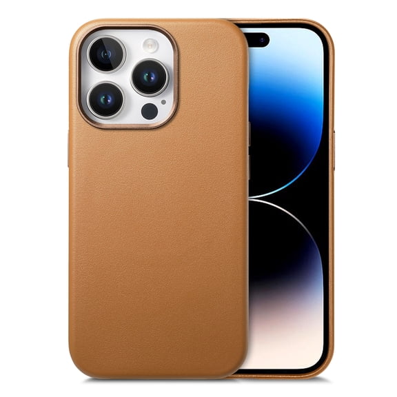 Dteck for iPhone 14 Pro Max Case, Compatible with MagSafe, Preminum PU Leather Shockproof Cover with Metal Buttons Camera Bump Frame,Slim Anti-Fingerprint Protective Case,Brown