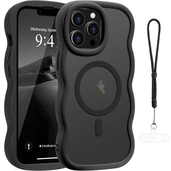 Dteck for iPhone 14 Pro Max Case with Lanyard, Curly Wavy Frame Translucent Frosted Back Cover for Women Men Compatible with Magsafe TPU Bumper Shockproof Phone Case for iPhone 14 Pro Max,Black