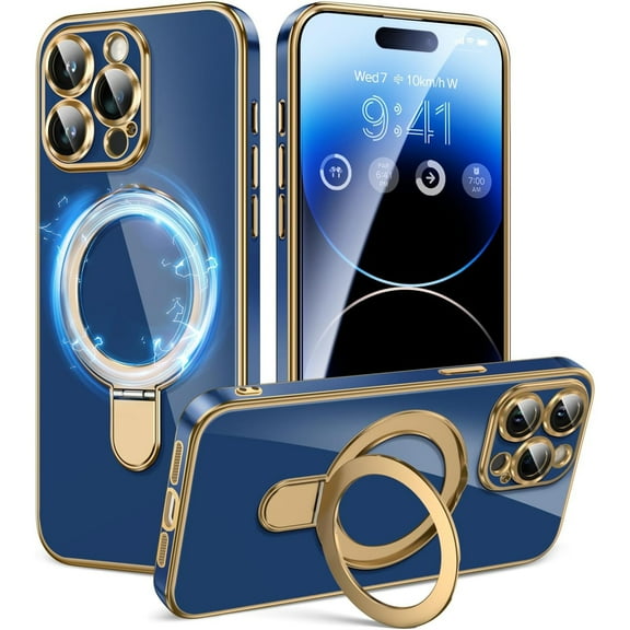 Dteck for iPhone 14 Pro Max Case with Magnetic Ring Stand, Compatible with MagSafe, Full Camera Lens Protection, Luxury Plating Slim Cover 14 Pro Max Phone Cases for Women Men,Solid Blue