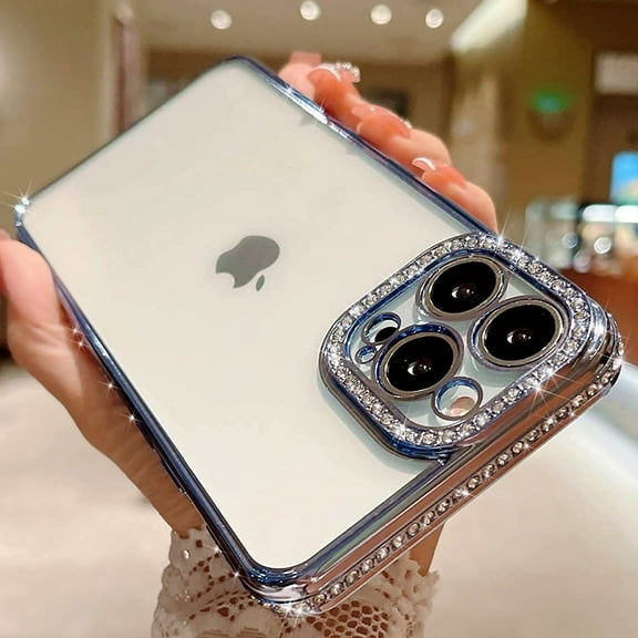 Dteck iPhone 14 Pro Max Case, Rhinestone Bling Diamond Lens Protector Sparkle Shiny Bumper Plating Clear Phone Case for iPhone 14 Pro Max,Blue