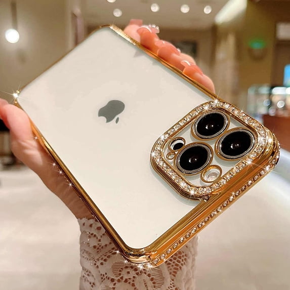 Dteck iPhone 14 Pro Max Case, Rhinestone Bling Diamond Lens Protector Sparkle Shiny Bumper Plating Clear Phone Case for iPhone 14 Pro Max,Gold