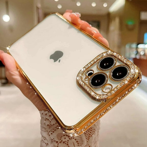 Dteck iPhone 14 Pro Max Case, Rhinestone Bling Diamond Lens Protector Sparkle Shiny Bumper Plating Clear Phone Case for iPhone 14 Pro Max,Gold