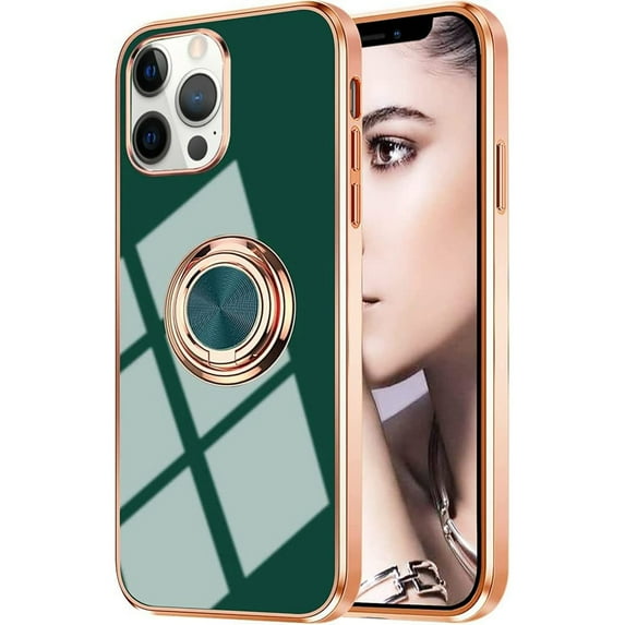 Dteck iPhone 14 Pro Max Case with Ring Stand, Soft TPU Plating Shockproof Protective 360 Degree Rotate Ring Holder Magnetic Case Slim Stand Cover, Green