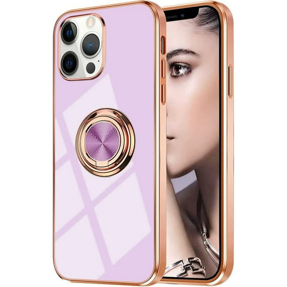 Dteck iPhone 14 Pro Max Case with Ring Stand, Soft TPU Plating Shockproof Protective 360 Degree Rotate Ring Holder Magnetic Case Slim Stand Cover, Light Purple
