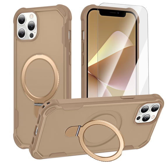 Dteck for iPhone 14 Pro Max Case with Screen Protector, Compatible with MagSafe Shockproof Invisible Magnetic Ring Stand Military-Grade Heavy Duty Protection Phone Case, Desert Gold