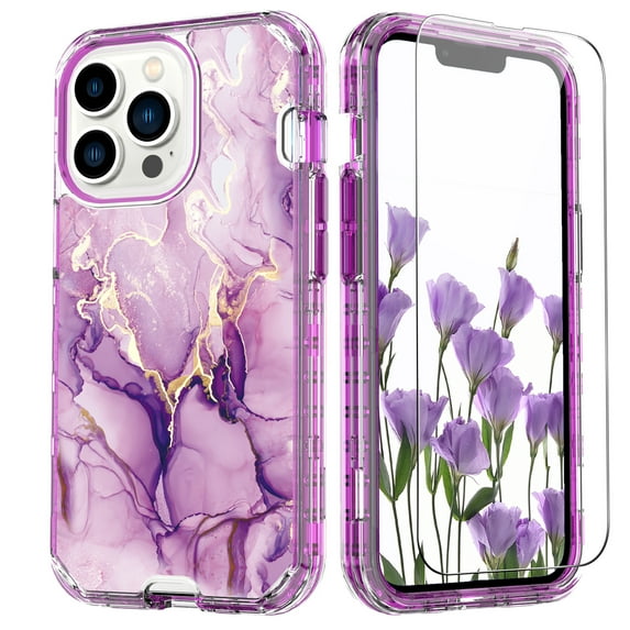 Dteck for iPhone 14 Pro Max Case with Tempered Glass Screen Protector, Slim Stylish Marble Pattern for Women Girls Full Body Military Grade Rugged Cover for iPhone 14 Pro Max,Purple