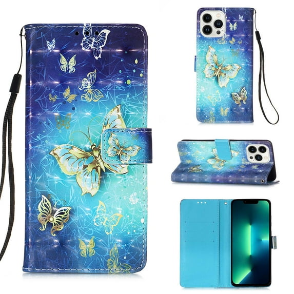 Dteck for iPhone 14 Pro Max Case Wallet Credit Card Holder Slot Detachable Strap for Women Girl Hybrid Protective Slim Hard Shell Magnetic PU Leather Folio Pocket Flip Cover 6.7 inch, , Blue Butterfly