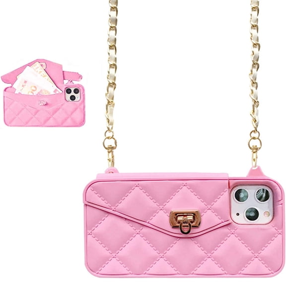 Dteck iPhone 14 Pro Max Case for Women Girls, Luxury Hand Bag Design with Card Slot Soft Silicone Case with Shoulder Strap for iPhone 14 Pro Max, Pink