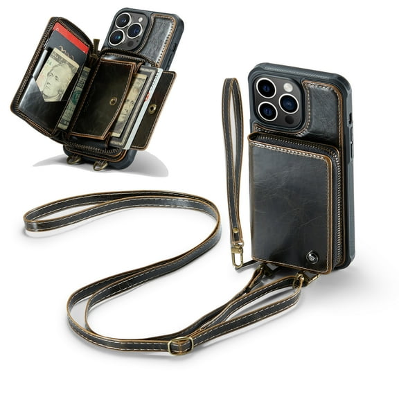 Dteck iPhone 14 Pro Max Wallet Case Crossbody, Zipper Phone Case with RFID Blocking Card Holder Wrist Strap Leather Purse Cover Gift for Women for Apple iPhone 14 Pro Max, Coffee