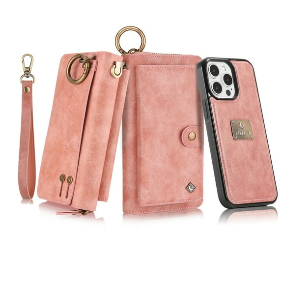 Dteck for iPhone 14 Pro Max Wallet Case, Heavy Duty 2 in 1 Leather Zipper Purse Detachable Magnetic 14 Card Slots Money Pocket Clutch Cover for Apple iPhone 14 Pro Max,Pink