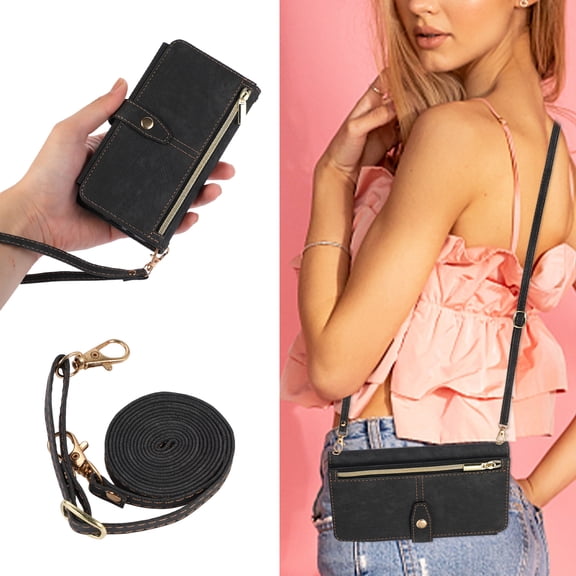 Dteck for iPhone 14 Pro Max Wallet Case, Magnetic 9 Card Slots Removable Adjustable Crossbody Lanyard Shoulder Strap Wristlet Zipper PU Leather Folio Case,Black
