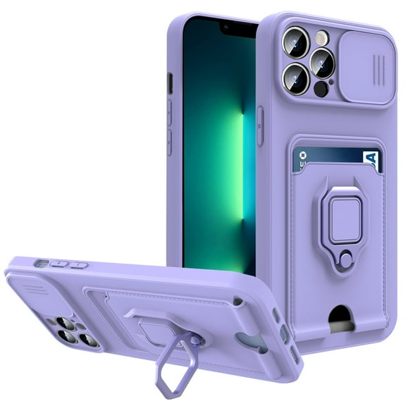 Dteck for iPhone 14 Pro Ring Stand Case with Card Slot Slide Cover Card Holder Magnetic Kickstand Fashion Slim Soft Flexible TPU Shockproof Protective Cover for Women and Men, Purple