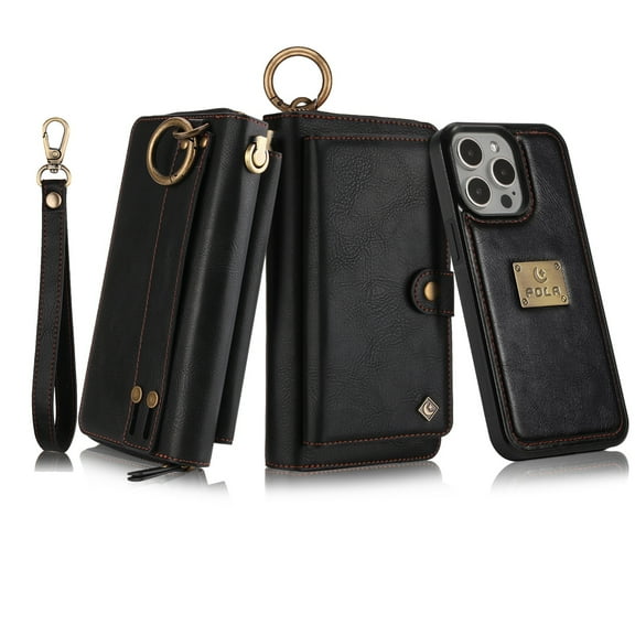 Dteck for iPhone 14 Pro Wallet Case, Heavy Duty 2 in 1 Leather Zipper Purse Detachable Magnetic 14 Card Slots Money Pocket Clutch Cover for Apple iPhone 14 Pro 6.1",Black