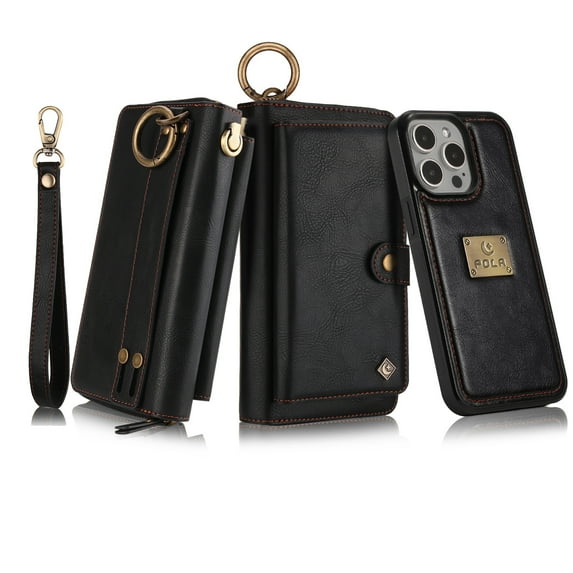 Dteck for iPhone 14 Pro Wallet Case, Heavy Duty 2 in 1 Leather Zipper Purse Detachable Magnetic 14 Card Slots Money Pocket Clutch Cover for Apple iPhone 14 Pro 6.1",Black